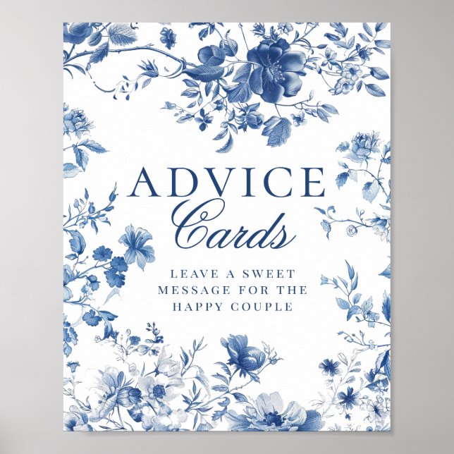 Elegant Blue Toile Chinoiserie Advice Cards Sign (Front)