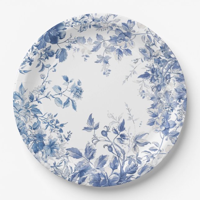 Elegant Blue Toile Chinoiserie Bridal Shower Paper Plates (Front)