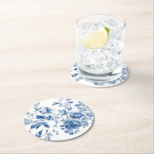 Elegant Blue Toile Chinoiserie Bridal Shower Round Paper Coaster