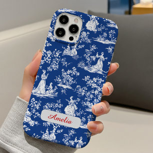 Elegant blue toile chinoiserie floral monogram iPhone 16 pro case