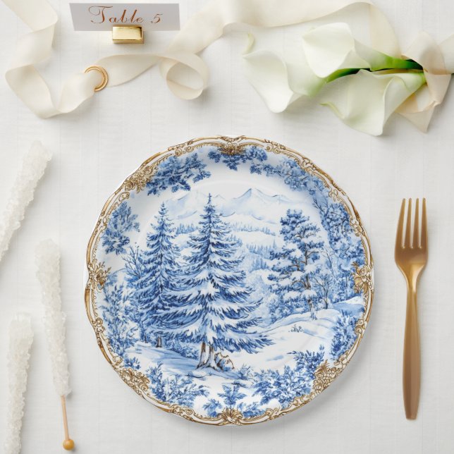 Elegant Blue Toile Christmas Tree Holiday Dining  Paper Plates (Wedding)