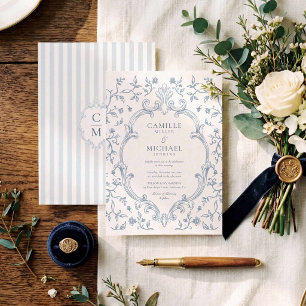 Elegant Blue Toile Crest Wedding Invitation