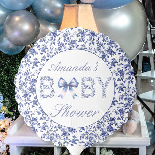 Elegant Blue Toile de Jouy and Bow Baby Shower Balloon