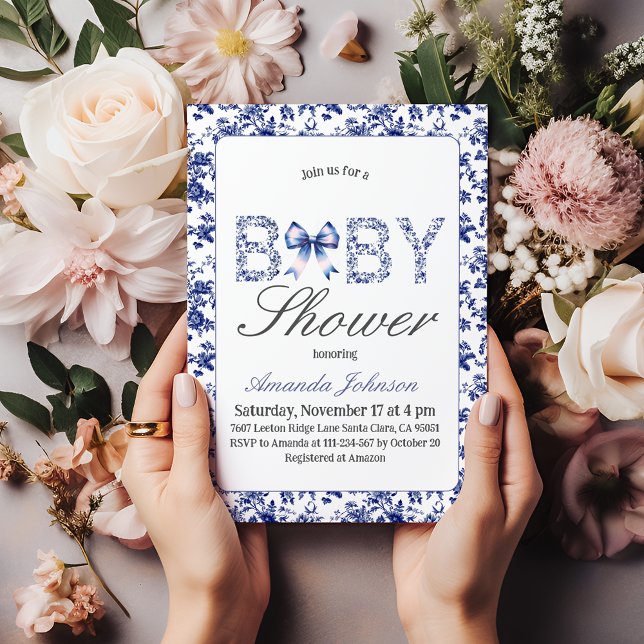 Elegant Blue Toile de Jouy and Bow Baby Shower Invitation (Creator Uploaded)