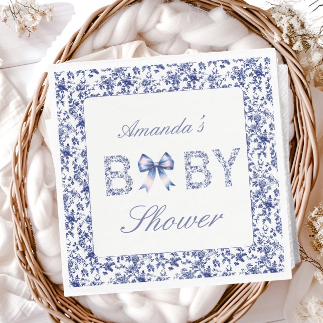 Elegant Blue Toile de Jouy and Bow Baby Shower Napkins (Creator Uploaded)
