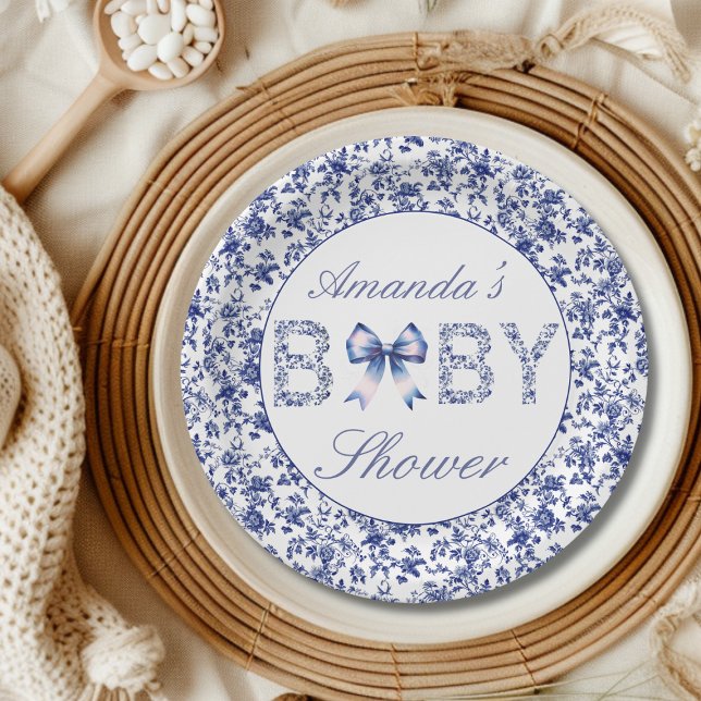 Elegant Blue Toile de Jouy and Bow Baby Shower Paper Plates (Creator Uploaded)