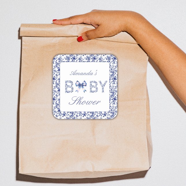 Elegant Blue Toile de Jouy and Bow Baby Shower Square Sticker (Creator Uploaded)