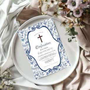 Elegant Blue Toile de jouy baptism Invitation