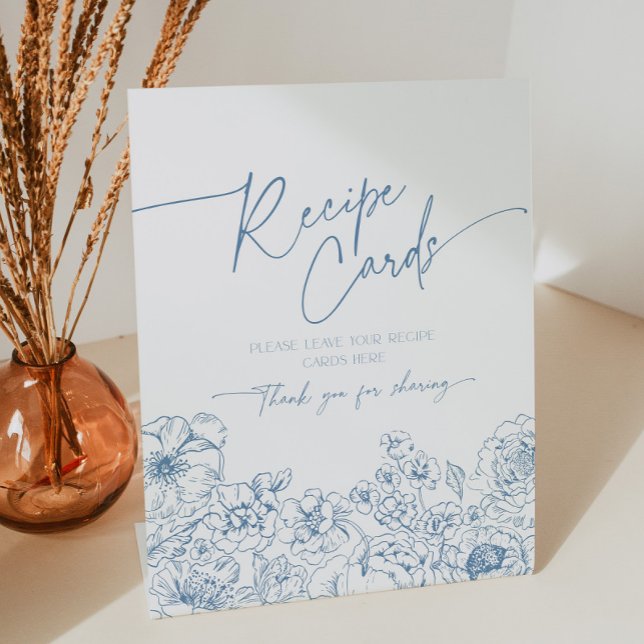 Elegant Blue Toile de Jouy Bridal Recipe Cards Pedestal Sign (Elegant blue recipe cards for the bride sign with floral toile de jouy pattern)