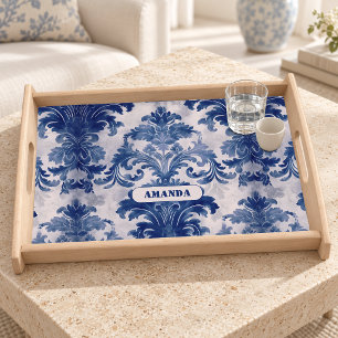 Elegant Blue Toile de Jouy Damask Monogram Serving Tray
