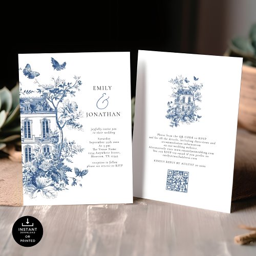 Elegant Blue Toile De Jouy QR Code Wedding Invitation