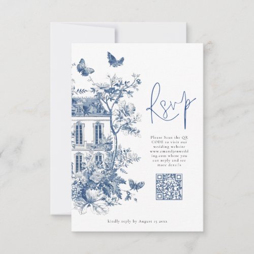 Elegant Blue Toile De Jouy QR Code Wedding RSVP Card