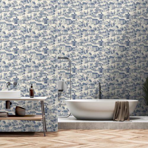 Elegant Blue Toile de Jouy Village Peel & Stick Wallpaper