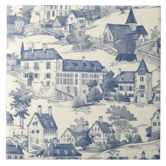 Elegant Blue Toile de Jouy Village Scene Ceramic Tile