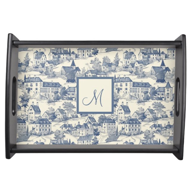 Elegant Blue Toile de Jouy Village Scene Serving Tray (Front)