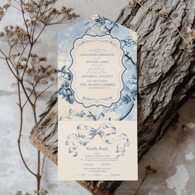 Elegant Blue Toile De Jouy  Wedding All In One Invitation (Creator Uploaded)