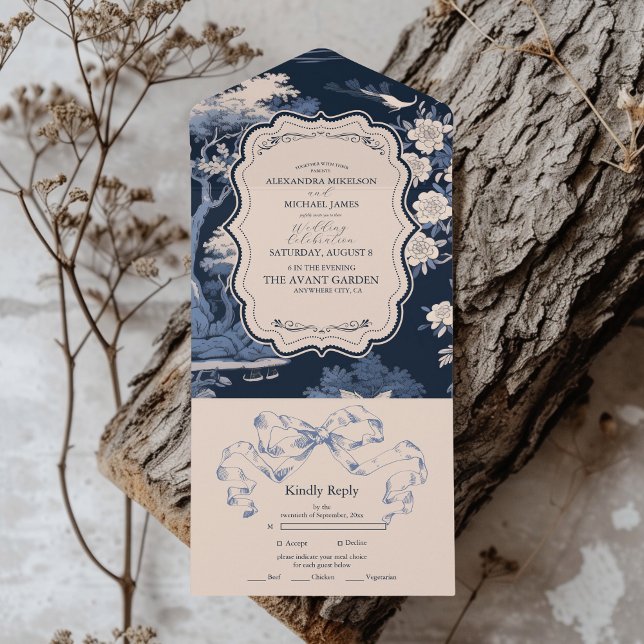 Elegant Blue Toile De Jouy  Wedding All In One Invitation (Creator Uploaded)