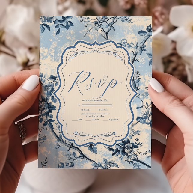 Elegant Blue Toile De Jouy  Wedding RSVP Card (Creator Uploaded)