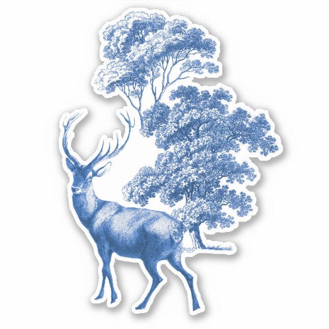 Elegant Blue Toile Deer in Forest Sticker (Front)