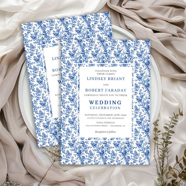 Elegant Blue Toile Floral Classic Wedding Invites (Elegant Blue Toile Floral Classic Wedding Invitation)