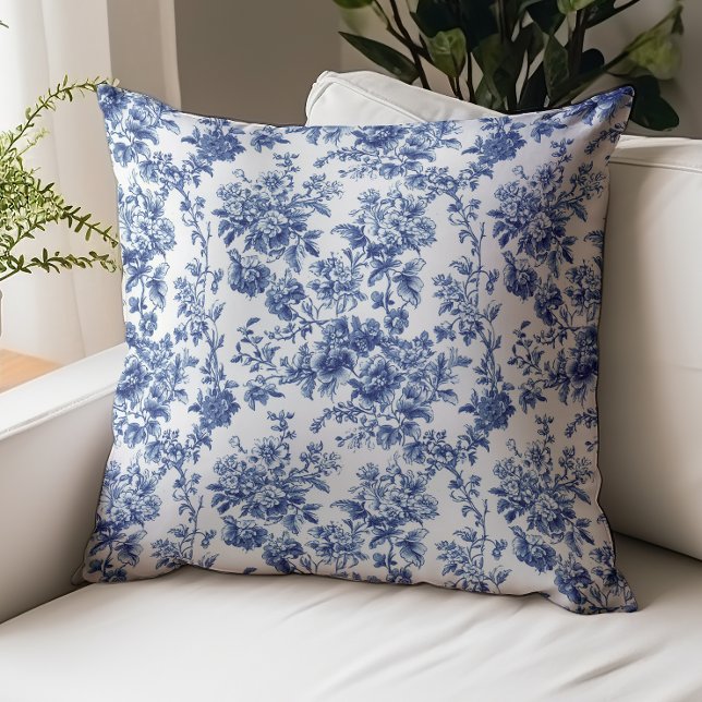 Elegant Blue Toile Floral Pattern Throw Pillow (Creator Uploaded)