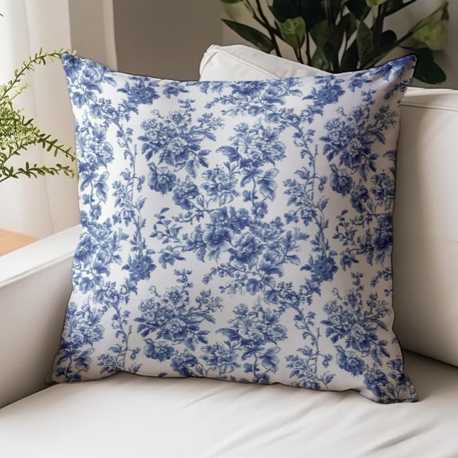 Elegant Blue Toile Floral Pattern Throw Pillow (Creator Uploaded)