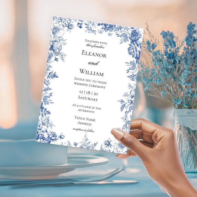 Elegant Blue Toile Floral Wedding Invitation (Creator Uploaded)