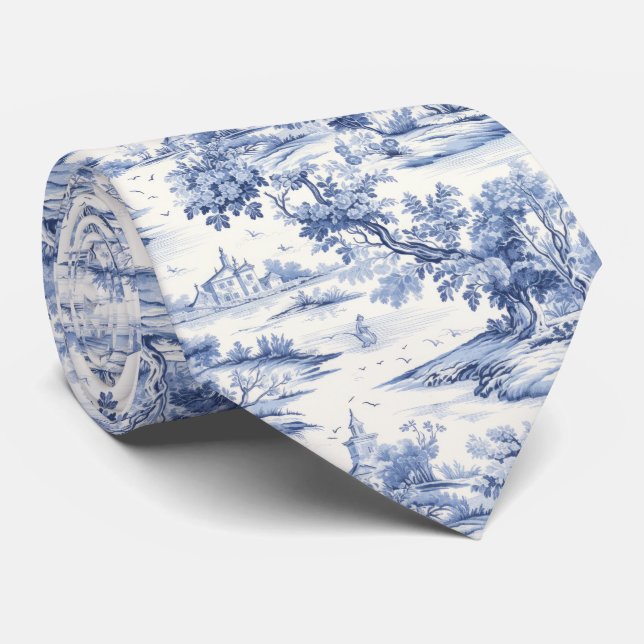 Elegant Blue Toile French Romantic Pattern Neck Tie (Rolled)