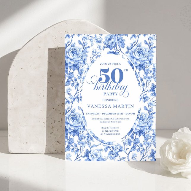 Elegant Blue Toile Rose Floral 50th Birthday Invit Invitation (Elegant Blue Toile Rose Floral 50th Birthday Invitation)