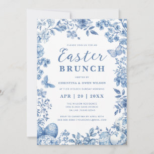 Elegant Blue Toile Whimsical Floral Easter Brunch  Invitation