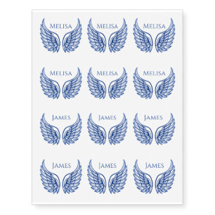 Elegant Blue Tone His & Her Angel Wings with Names Temporary Tattoos