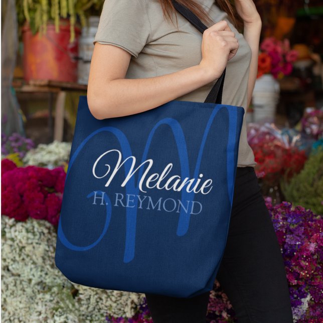 Elegant Blue Tote Bag with her name & initial (stylish blue monogram)