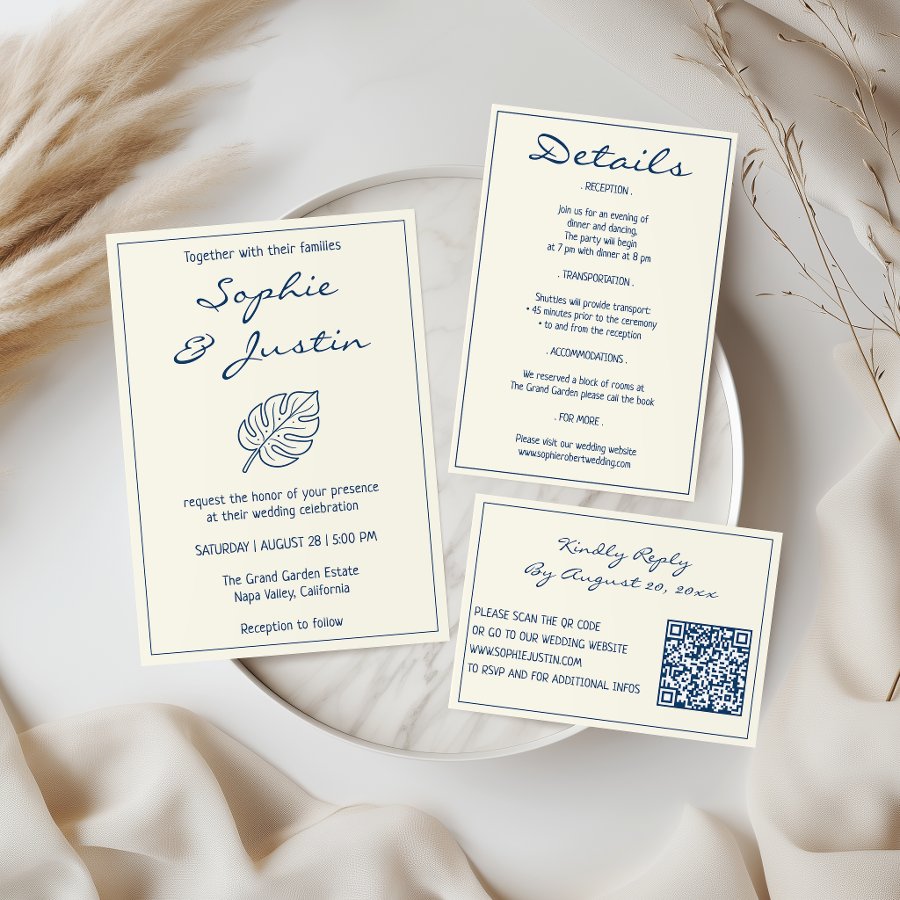 Elegant Blue Tropical Leaf Wedding Details Enclosure Card