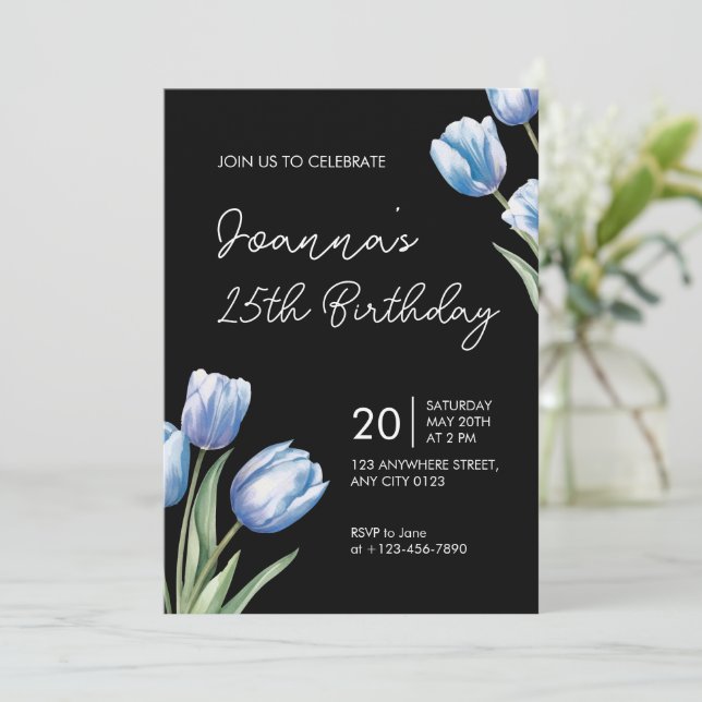 Elegant Blue Tulip Birthday Party Invitation (Standing Front)