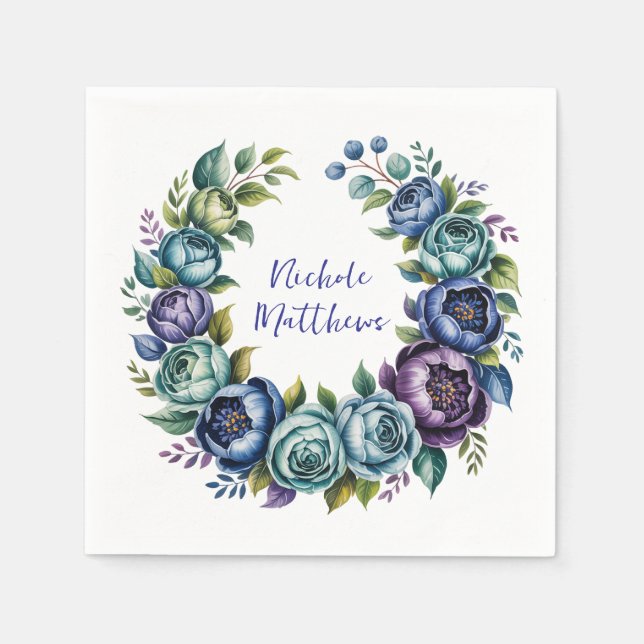 Elegant Blue Turquoise Floral Bridal Shower Napkins (Front)