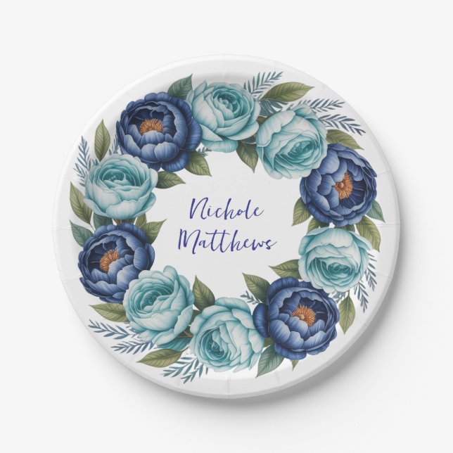Elegant Blue Turquoise Floral Bridal Shower Paper Plates (Front)