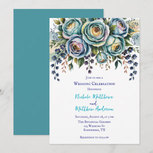 Elegant Blue Turquoise Floral Wedding Celebration Invitation