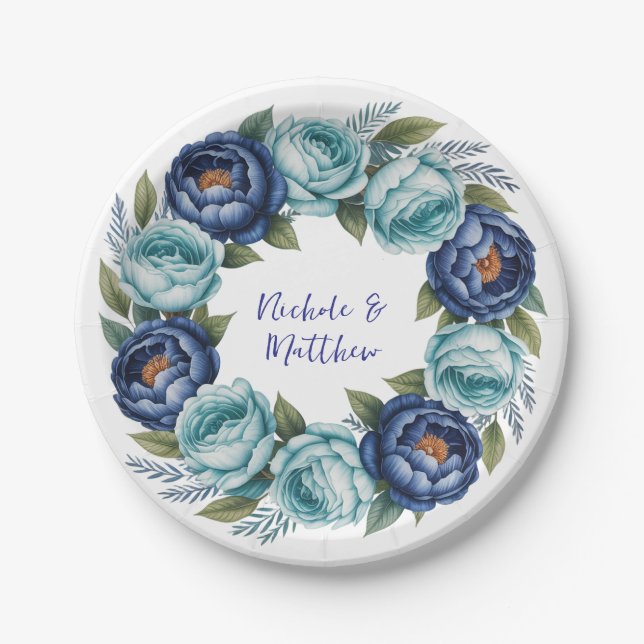 Elegant Blue Turquoise Floral Wedding Paper Plates (Front)