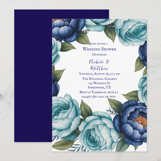 Elegant Blue Turquoise Floral Wedding Shower Invitation (Front/Back)