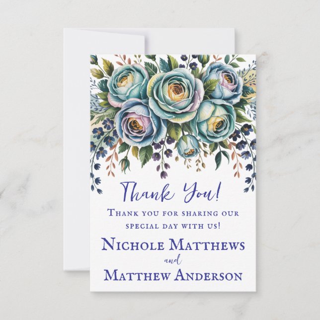 Elegant Blue Turquoise Floral Wedding Thank You Card (Front)