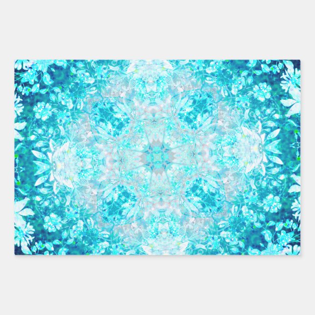 Elegant Blue Turquoise Sky Crystal Mandala Wrapping Paper Sheets (Front)