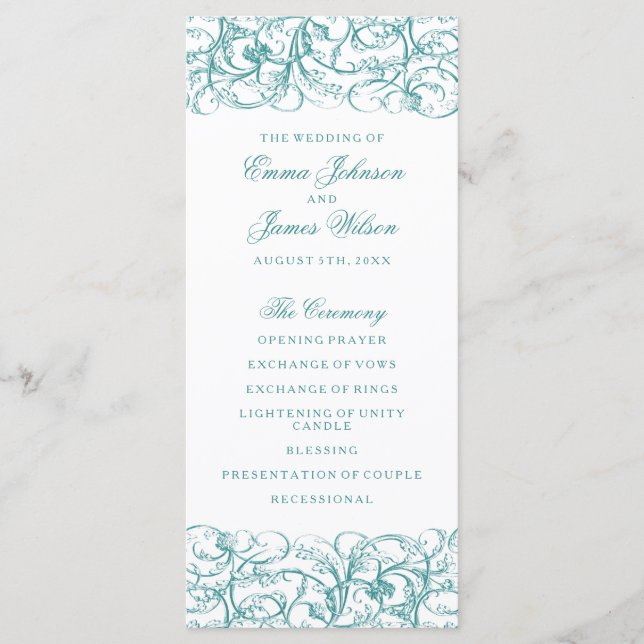 Elegant blue / turquoise swirls wedding program (Front)