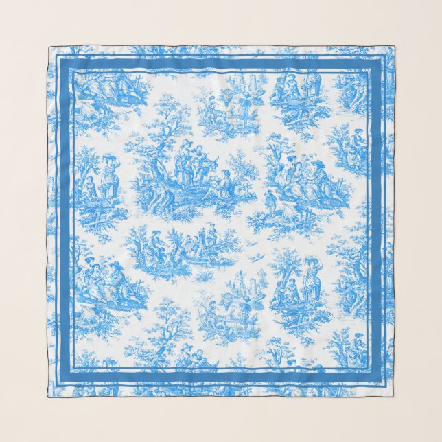 Elegant blue turquoise toile de jouy Bridal shower Scarf (Front)