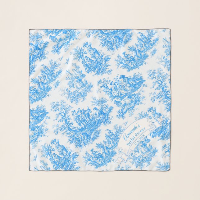 Elegant blue turquoise toile de jouy Bridal shower Scarf (Front)