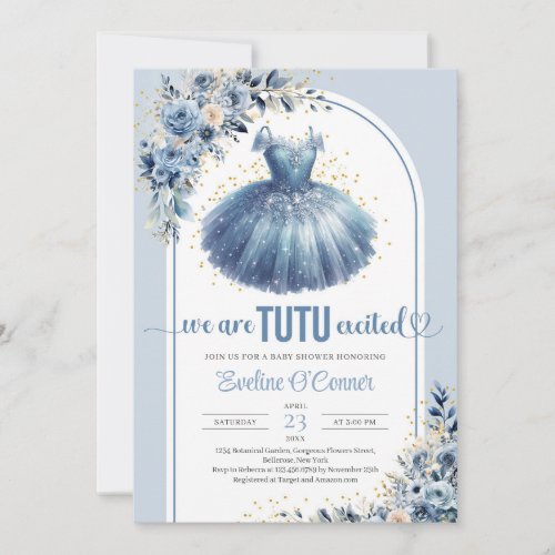Elegant blue tutu dress navy floral Baby Shower Invitation