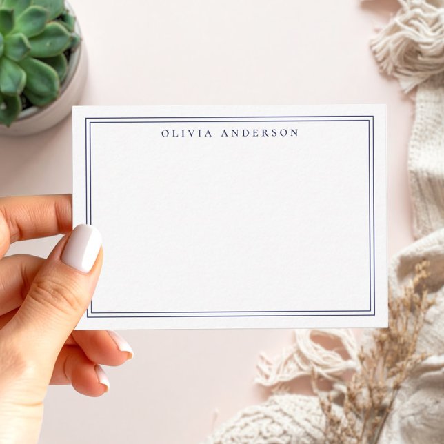 Elegant Blue Two Border Minimalist Monogram Name Note Card (Creator Uploaded)