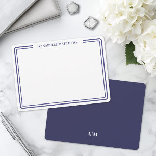 Elegant Blue Two Border Minimalist Name Monogram Note Card