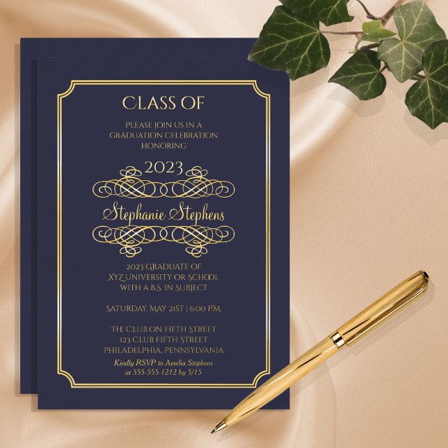 Elegant Blue University Graduation Party Gold Foil Invitation (Creator Uploaded)