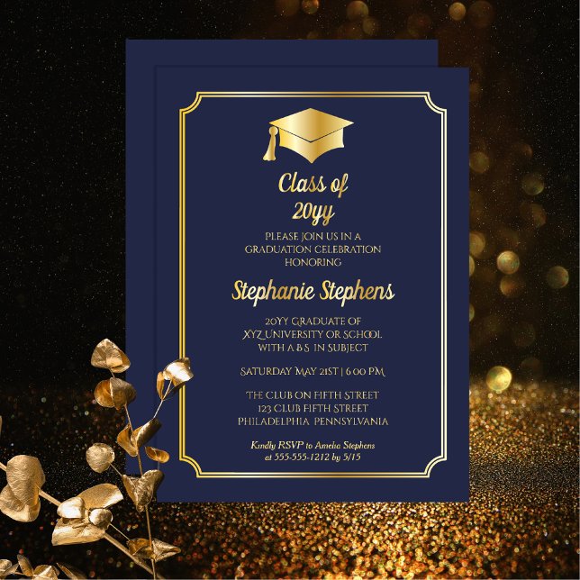 Elegant Blue University Graduation Party Gold  Foil Invitation (Elegant Blue College or University Non-Photo Graduation Announcement and Party Foil Invitation)