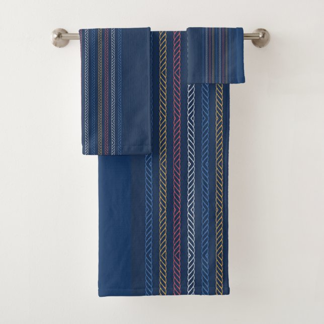 Elegant Blue Vertical Regatta Striped Border   Bath Towel Set (Insitu)
